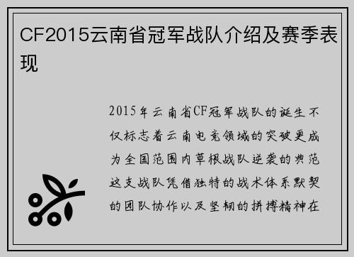 CF2015云南省冠军战队介绍及赛季表现