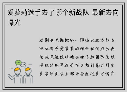 爱萝莉选手去了哪个新战队 最新去向曝光